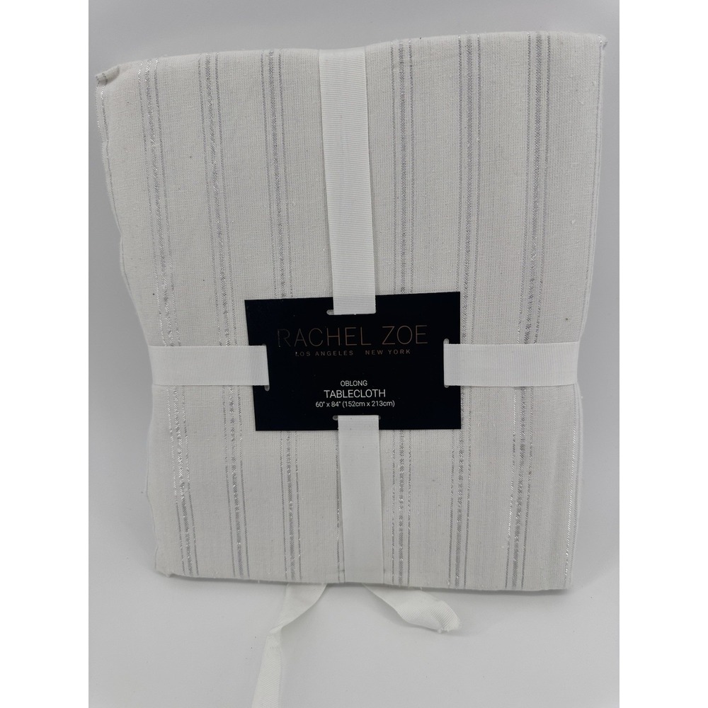 Rachel‎ Zoe 60" X 84" Oblong Tablecloth Stripe Cream Silver Cotton Holiday
